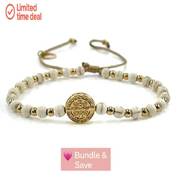 Adjustable Saint Benedict Coin Beaded Bracelet Gold Plated Spiritual - Picture 3 of 8